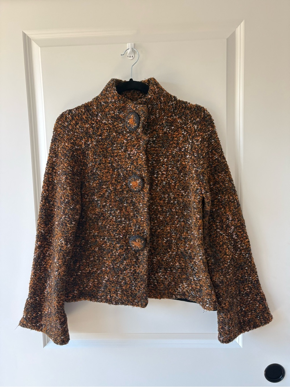 Women's Brown Bouclé Teddy Jacket with Large Buttons
